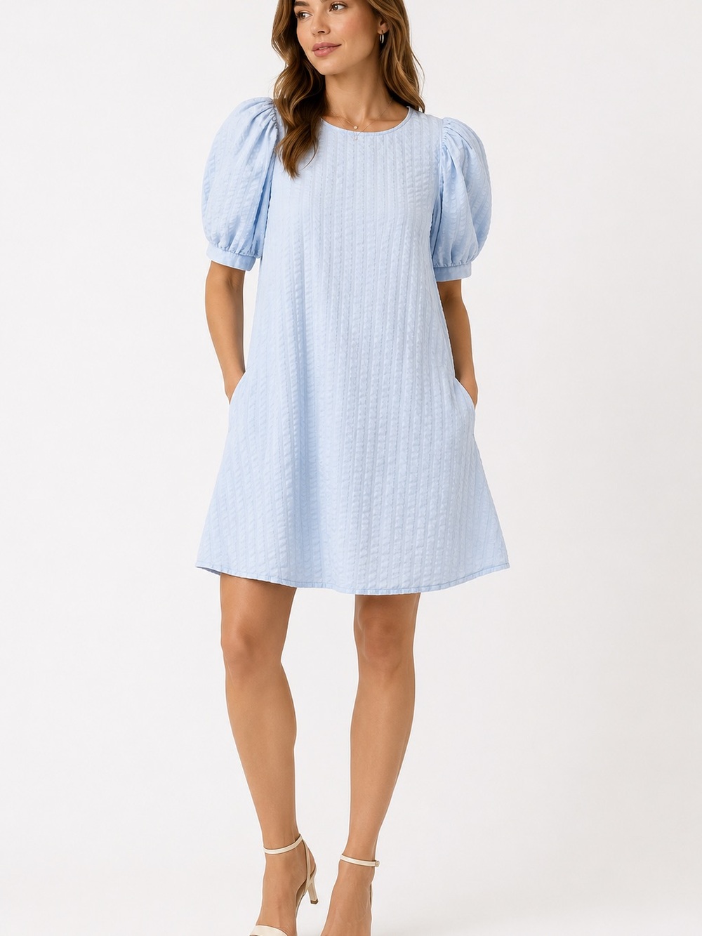 A New Day Light Blue Textured Puff Sleeve Mini Dress Size Medium Pockets